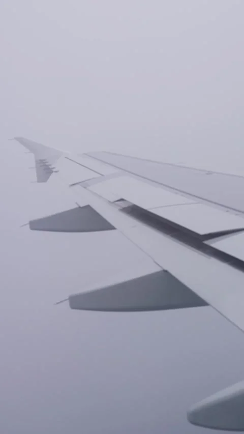 Airplane wing fading into dense white cloud during descent, with extended flaps Stock Footage 333655689