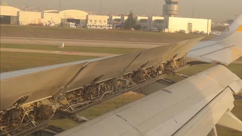 ‎Airplane wing position when landing at International Airport. Stock Footage 256060427