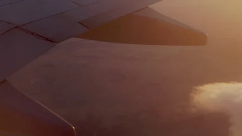 Airplane wing underside over land in warm sunset light Video stock 347983333