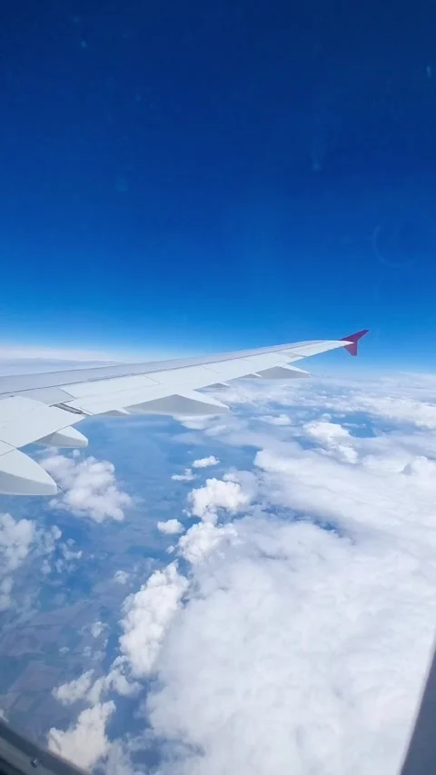 Airplane wing view from passenger window during daytime flight above clouds. Sce Stock Footage 330174806