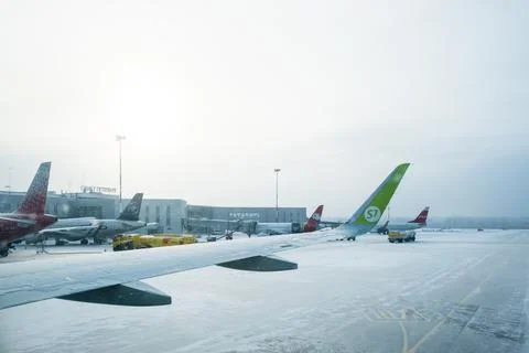 Airplane wing from window. Stock Photos