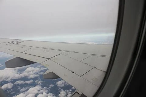 Airplane wing in the window. Stock Photos