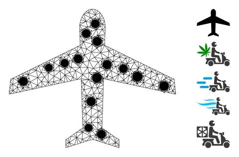 Airplane Wire Frame Mesh Icon with Coronavirus Nodes Stock Illustration