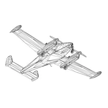 Airplane wireframe with propeller from black lines isolated on white background. Stock Illustration