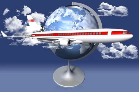 Airplane world map clouds - 3D illustration 스톡 일러스트