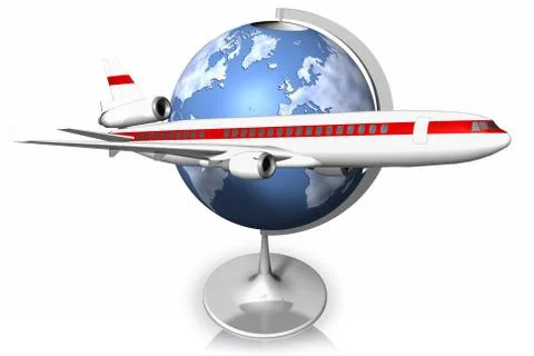 Airplane world map White background - 3D illustration 스톡 일러스트