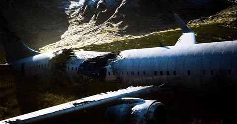 Airplane wreckage on a mountainside under dramatic lighting in nature 스톡 일러스트