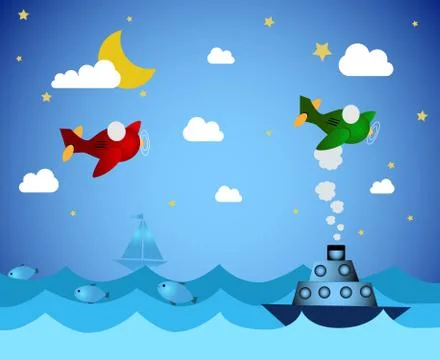 Airplanes and boat Stock Illustration