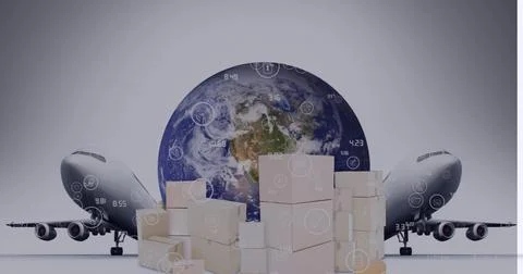 Airplanes and stack of cardboard boxes over network of connections against globe Illustrazione stock