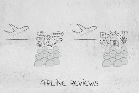 Airplanes with crowd commenting positively and negatively about the airlines Stock Illustration