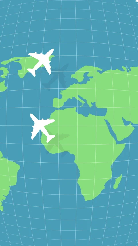 Airplanes fly over world map. Around the world holiday air travel concept Stock Footage 256225594