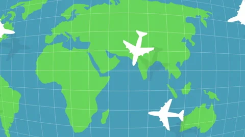 Airplanes fly over world map. Around the world holiday air travel concept Stock Footage 256228253