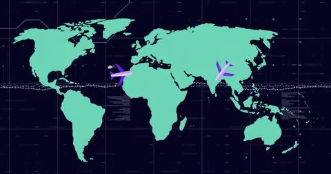 Airplanes flying over world map, global travel image Stock Illustration