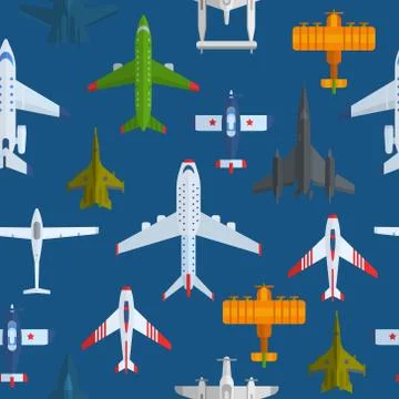 Airplanes seamless vector pattern. Cartoon passenger airplanes and war planes Stock Illustration