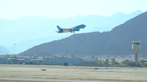 Airplanes take off at Airport. SHARM EL SHEIKH, EGYPT Stock Footage