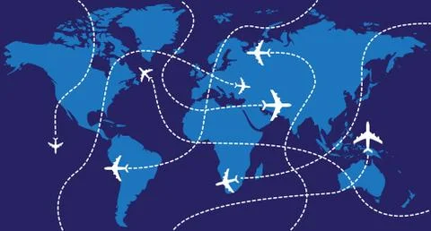 Airplanes traces over the world map Stock Illustration