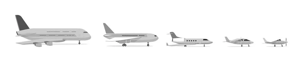Airplanes vector flat illustrations. Different modern airplanes. Icons for airli Stock Illustration