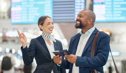 Airport, African businessman and passport with woman concierge, direction and Stock Photos