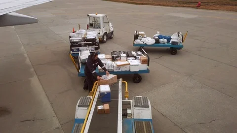Airport baggage handler unloading baggage  and cargo from aircraft. 库存影片 105031466