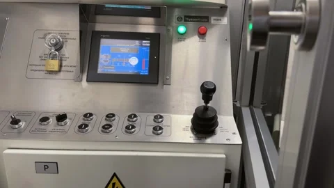 Airport boarding bridge control unit machine with a green button and a red bu Stock Footage 283489126