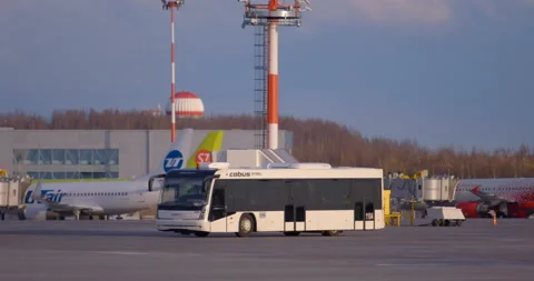 At the airport, a bus carrying passengers pulls up to the plane for boarding Stock Footage 119585098