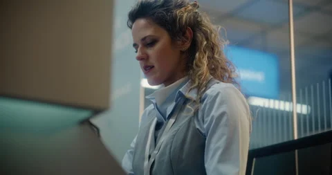 Airport Check-in Counter: Female Airline Agent Checking Boarding Documents of Stock Footage 307469986