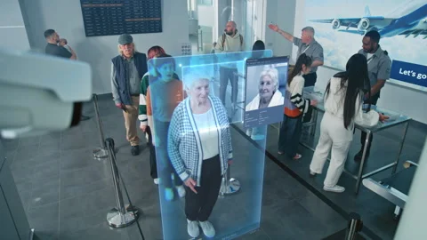 Airport Checkpoint: Queue of Diverse People Passing Biometric AI Face Scanning Stock Footage 305646474