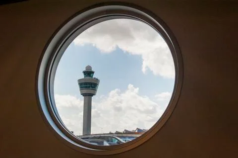 Airport command tower in see through window Stock Photos