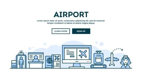 Airport, concept header, flat design thin line style Stock Illustration