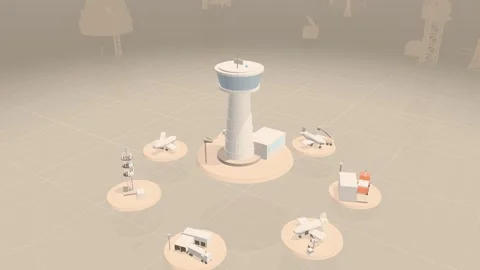 Airport Control Tower Above Jet Bridge Baggage And Ground Crew Platforms In Stock Footage 344110686