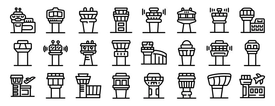 Airport control tower icon set. Airport control tower icons showing air tra.. Ilustración de archivo
