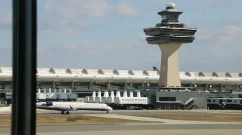 Airport with Control Tower &amp; Jet Stock Footage 22366530