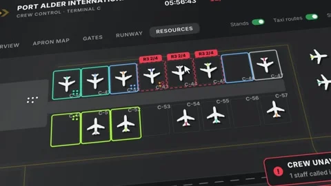 Airport Crew Control Dashboard Flight Management HUD Live Airline Operations Stock Footage 346348785