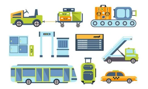 Airport Design Elements Set, Different Transport Types, Service Facilities イラスト素材