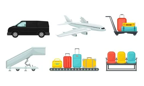 Airport Design Elements Set, Different Transport Types, Service Facilities イラスト素材