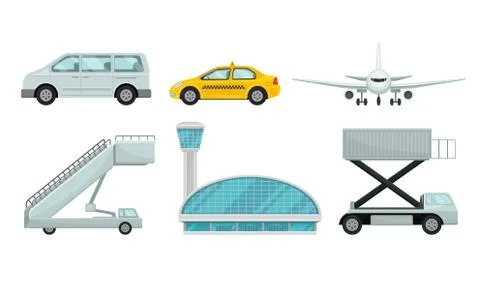 Airport Design Elements Set, Different Transport Types, Service Facilities Stock Illustration