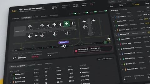 Airport Flight Dashboard UI ATC Control Interface Live Flight Tracker HUD Stock Footage 346352075