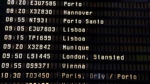 Airport flight information display system (FIDS)  changing from Portuguese Stock Footage 110929712