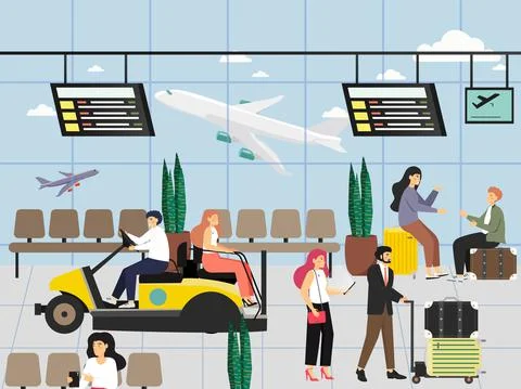Airport hall interior with passengers waiting for flight, moving by electric car Stock Illustration