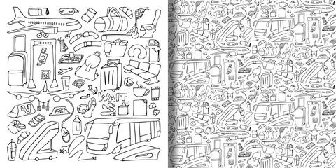 Airport hand drawn doodle set and seamless pattern Stock Illustration