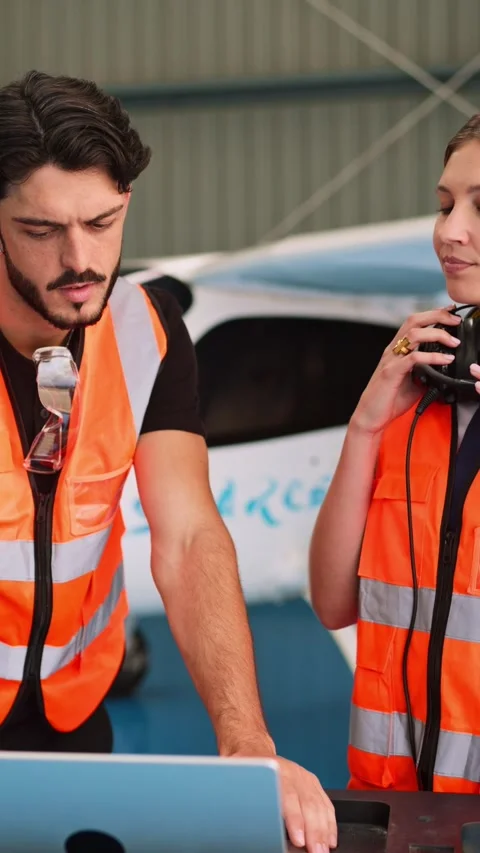 Airport hangar technicians discussing maintenance on laptop Stock Footage 343633646