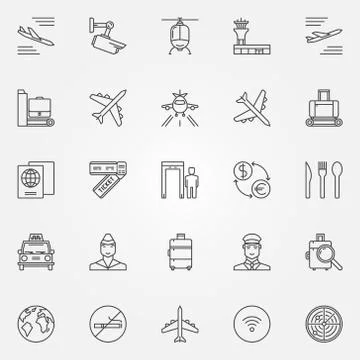 Airport icons set - vector thin line air travel symbols. Airport 스톡 일러스트