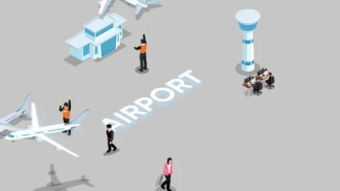 Airport with infographic elements templates 3d animation cartoon Stock Footage 282190494