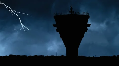 Airport: Lightning and Thunderstorm Flash Over Air Traffic Control Tower Stock Footage 175282349