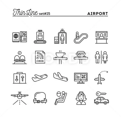 Airport, luggage scanning, flight, rent a car and more, thin line icons set Stock Illustration
