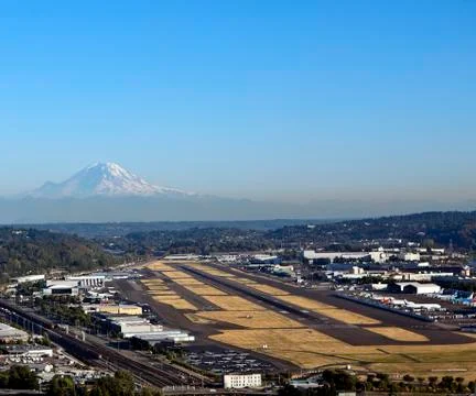 Airport with a Mountain in the Distance, Seattle, Washington, USA Stock Photos