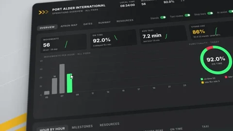 Airport Operations Dashboard Live Flight Tracking Weather Data Gold Accent UI Stock Footage 346349024