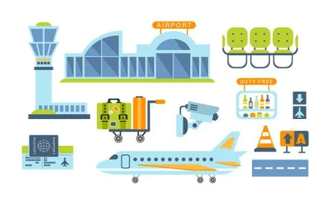 Airport Related Objects Set Illustration