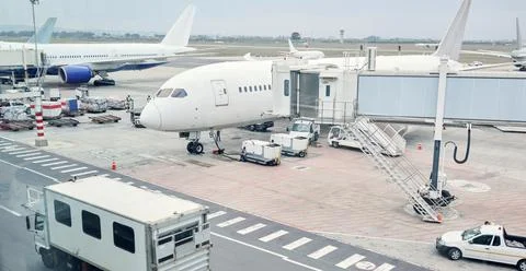 Airport runway, travel and cargo for airplane for takeoff, international flight Stock Photos