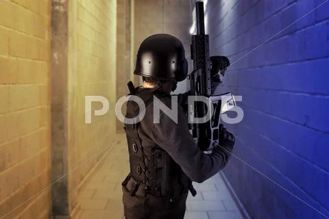 Airport security, armed police wearing bulletproof vests Stock Photos